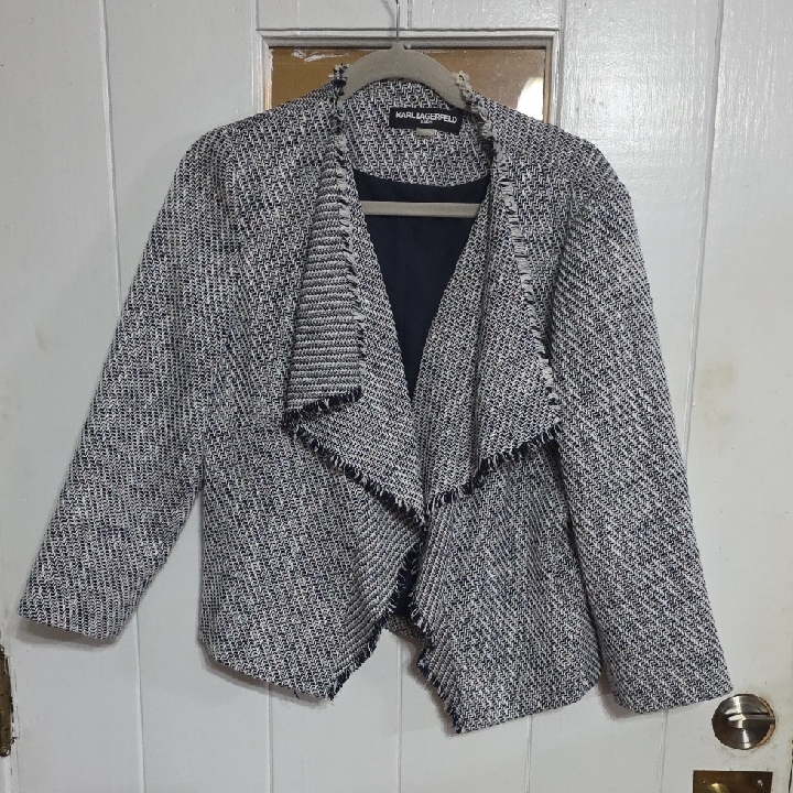 Karl Lagerfeld Paris Womens Blazer Navy/White Woven Fringe Shawl Front Sz Xl Euc